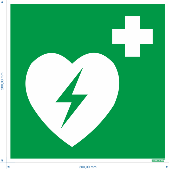Normsigns AED (Automated External Defibrillator) pictogram Material: Photoluminescent, Dimensions: 150 x 150 mm