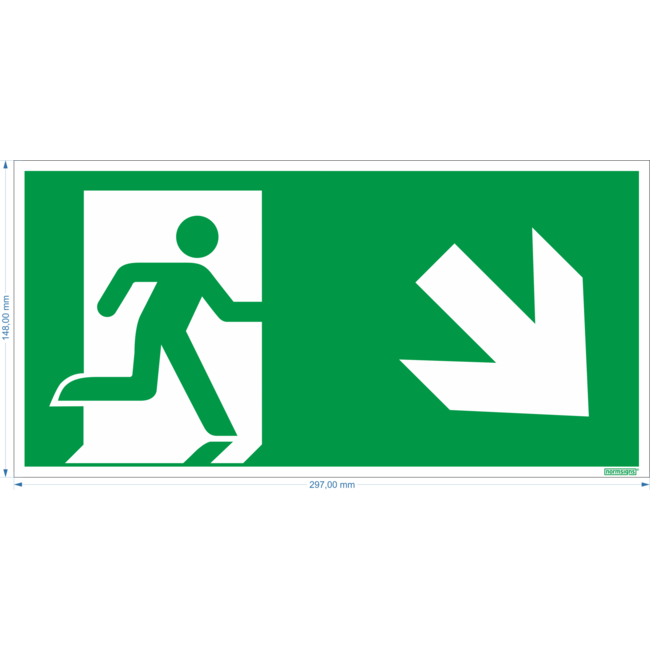 Normsigns Pictogram vluchtweg rechts beneden Materiaal: PVC, Afmeting: 200 x 400 mm