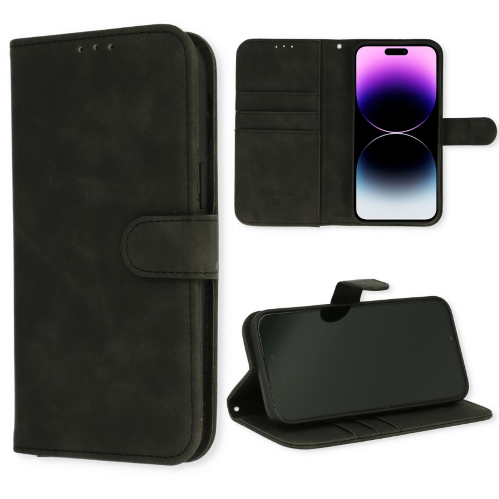 CaseMania Suede High Quality Bookcase - iPhone 14 - Zwart