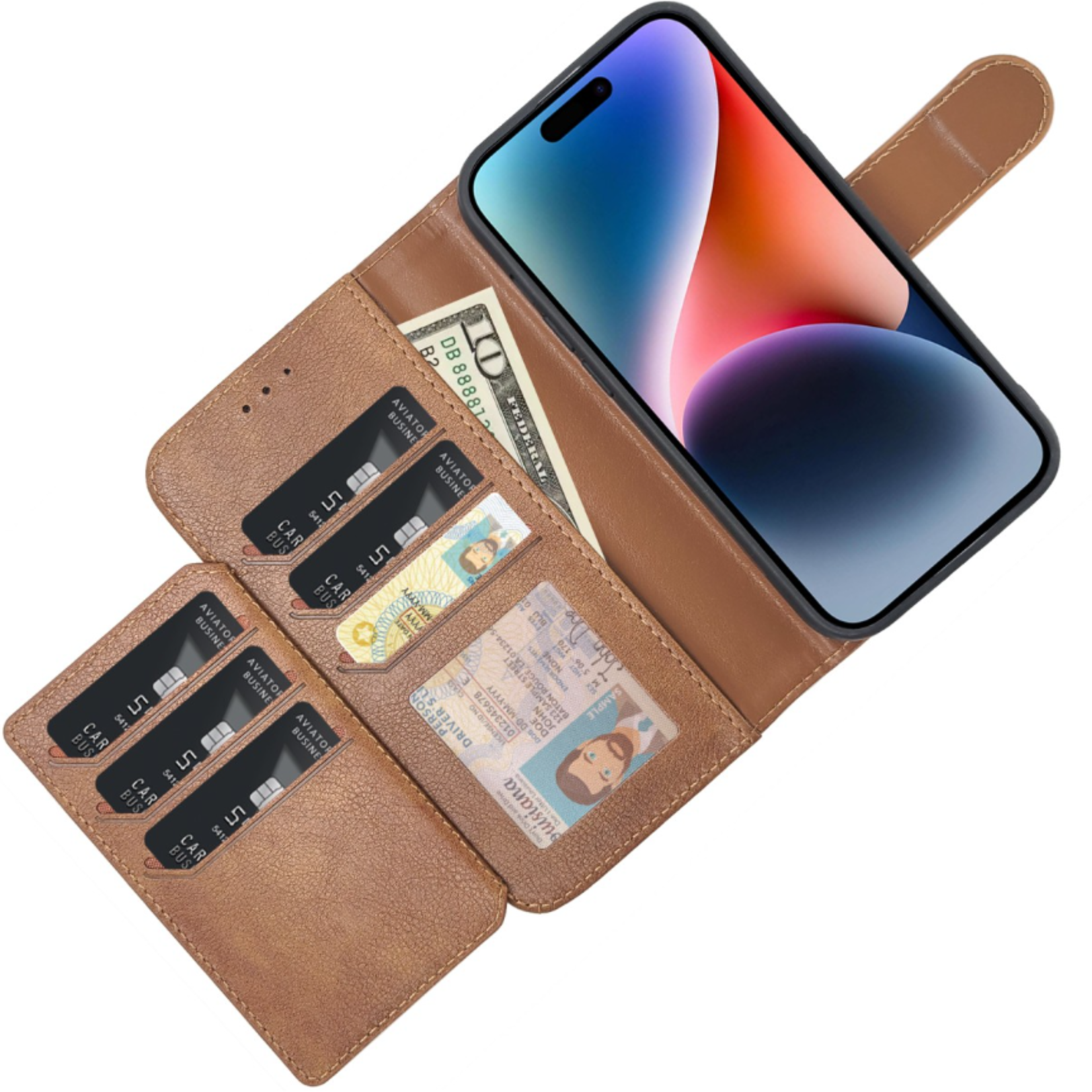 Multiple Pockets Magnetic 2-in-1 Wallet - iPhone 15 Pro - Bruin
