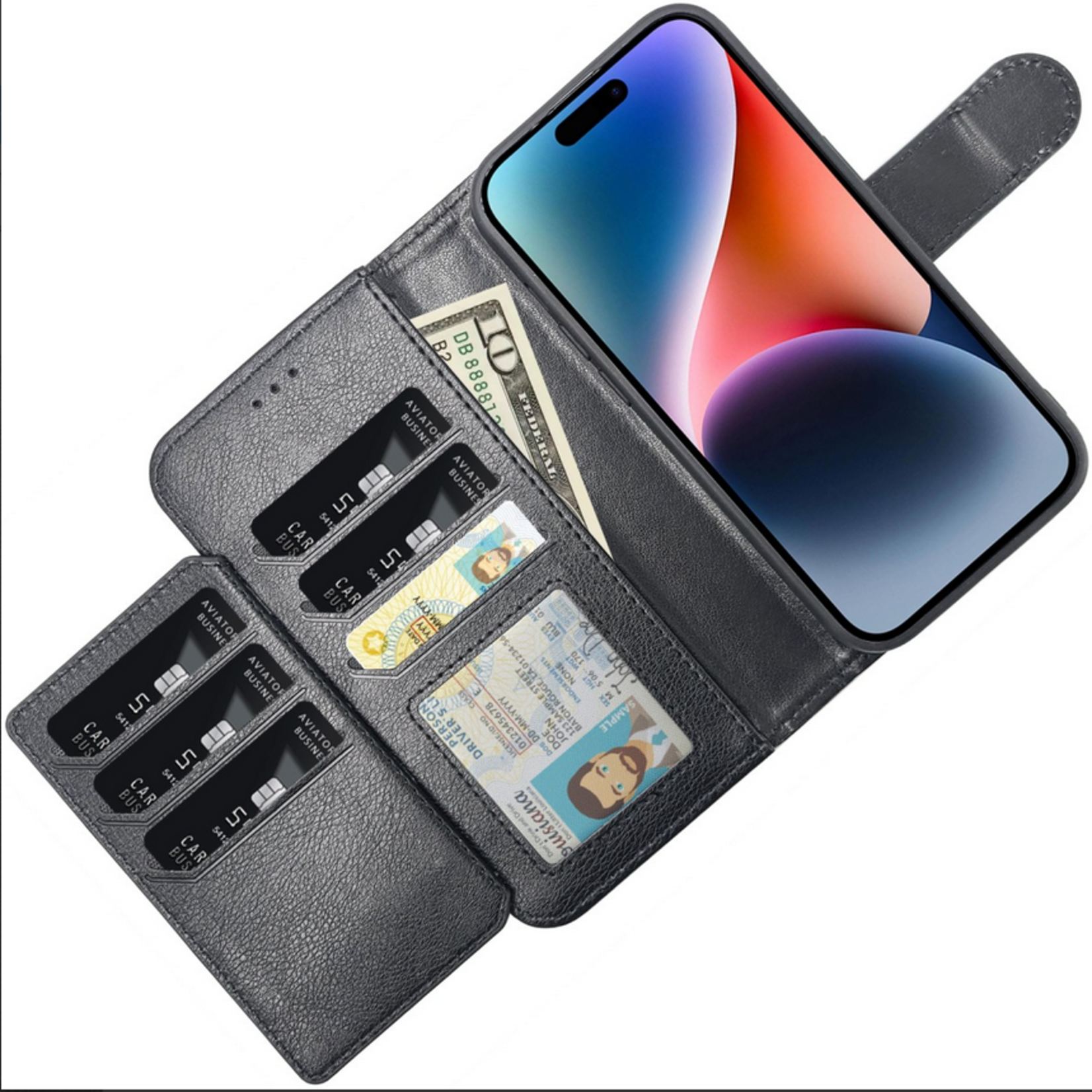 Multiple Pockets Magnetic 2-in-1 Wallet - iPhone 15 Pro Max - Zwart