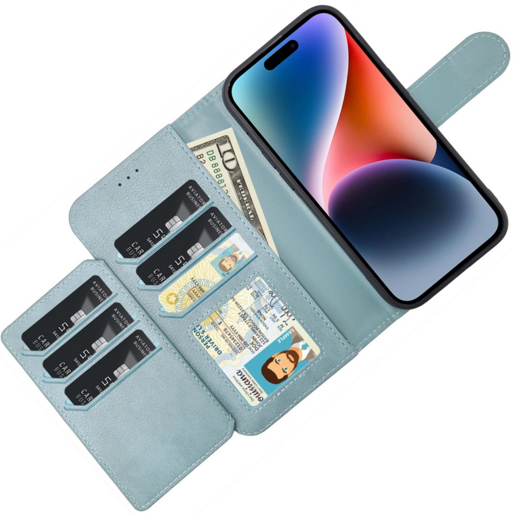 Multiple Pockets Magnetic 2-in-1 Wallet - iPhone 15 Pro Max - Turquoise