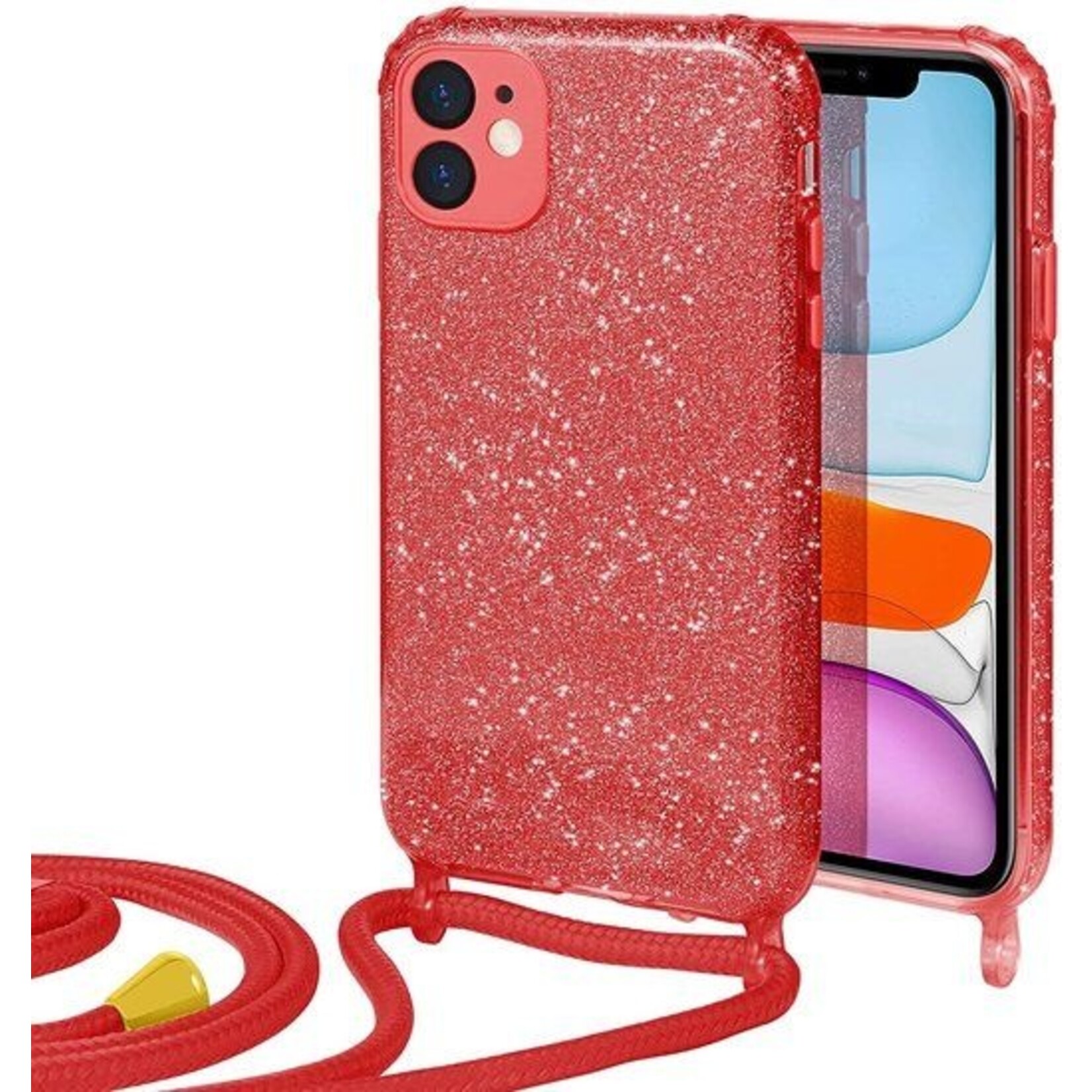 Samsung S21 Ultra - Glitter 3 in 1 Case Met Koord - Rood