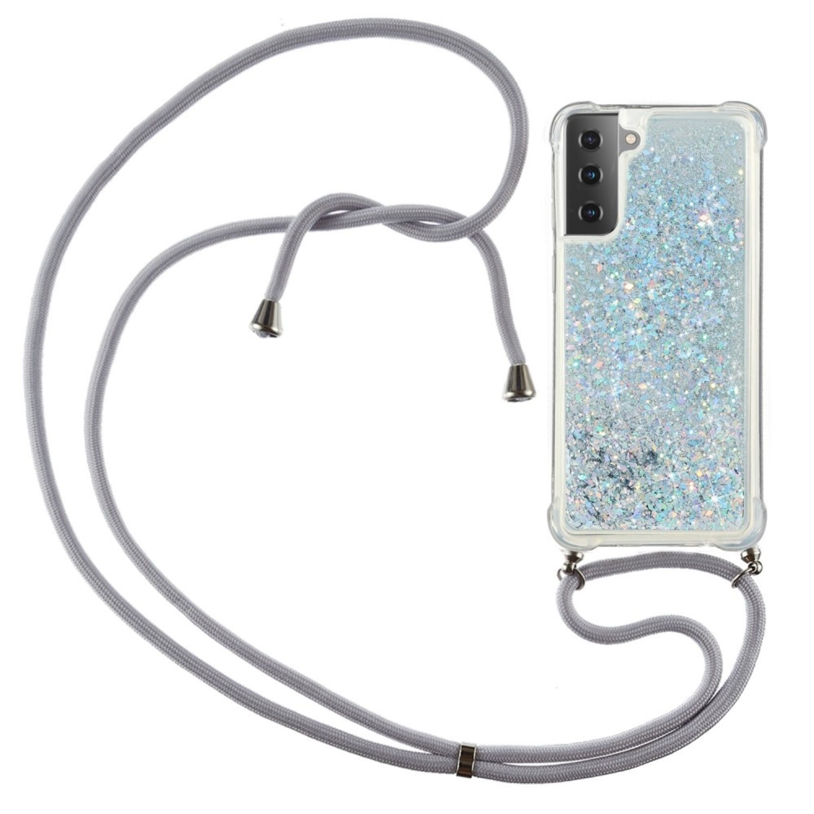 Samsung S21 Plus - Glitter 3 in 1 Case Met Koord - Zilver