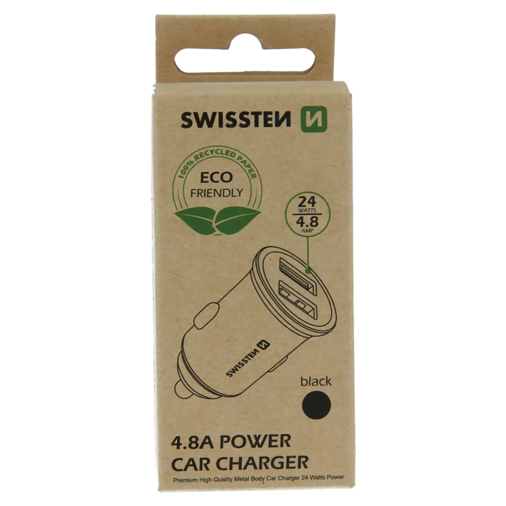 swissten Swissten 4.8A Dual Port Car Charger - 20115000ECO - Eco Packing - Black