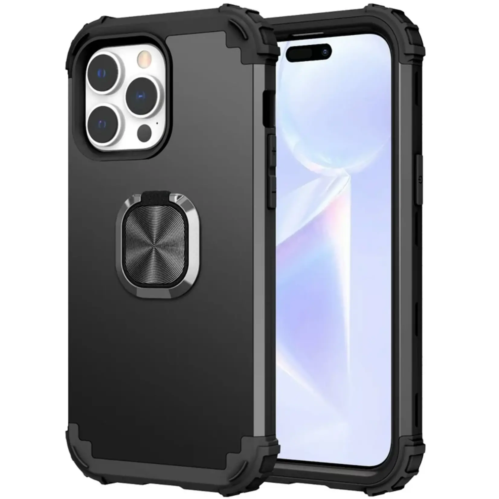 iPhone 14 Pro Max Kickstand Ring Armor Zwart - Transparan