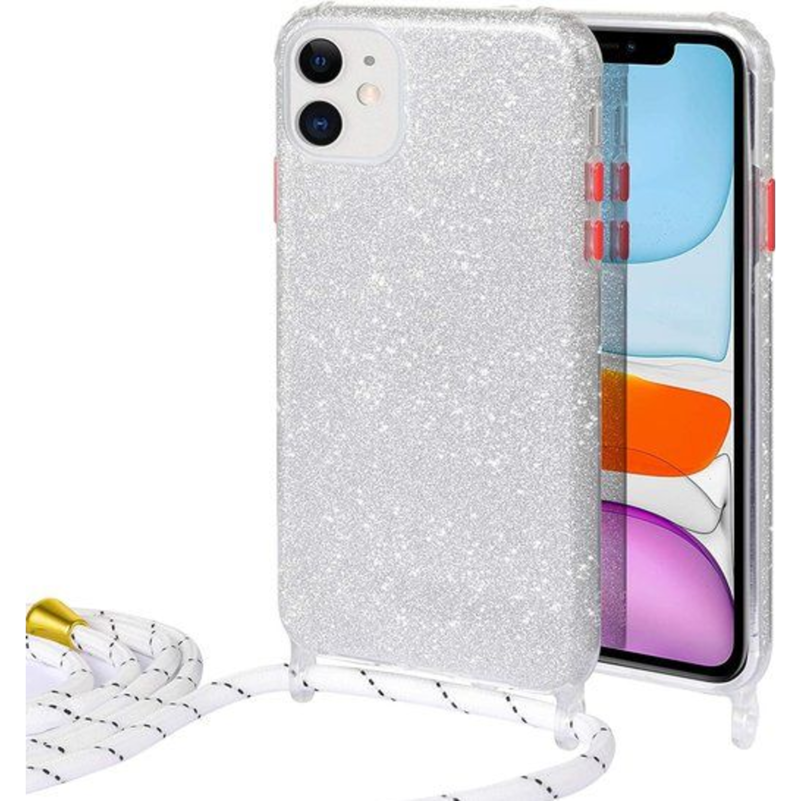 iPhone 12 Pro Max - Glitter 3 in 1 Case Met Koord - Zilver