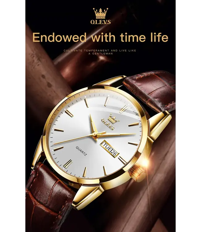 Olevs Luxe Herenhorloge Goud  Wit - Gratis Armband bij elke bestelling (twv €29,95)