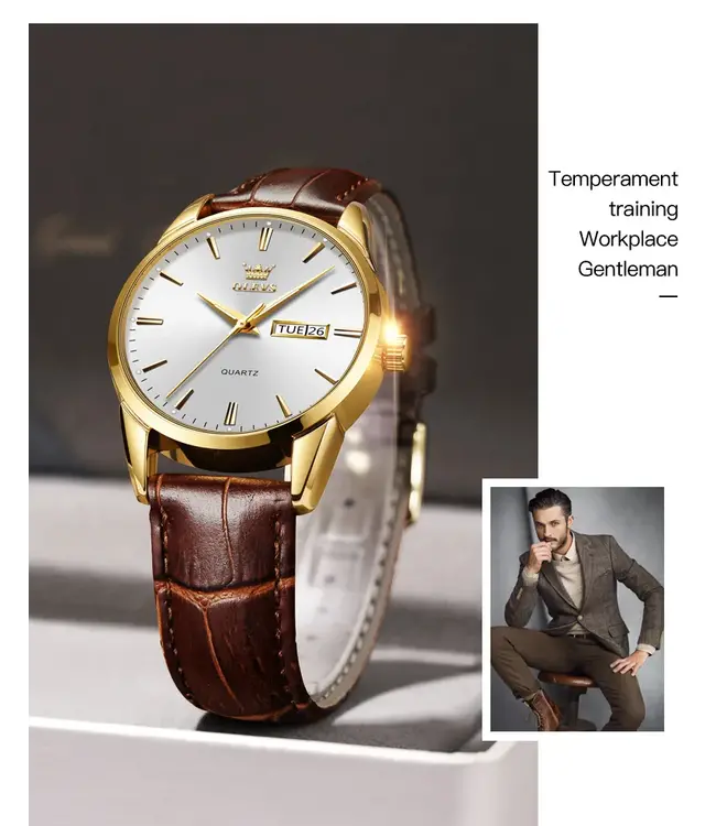 Olevs Luxe Herenhorloge Goud (Wit/Blauw)