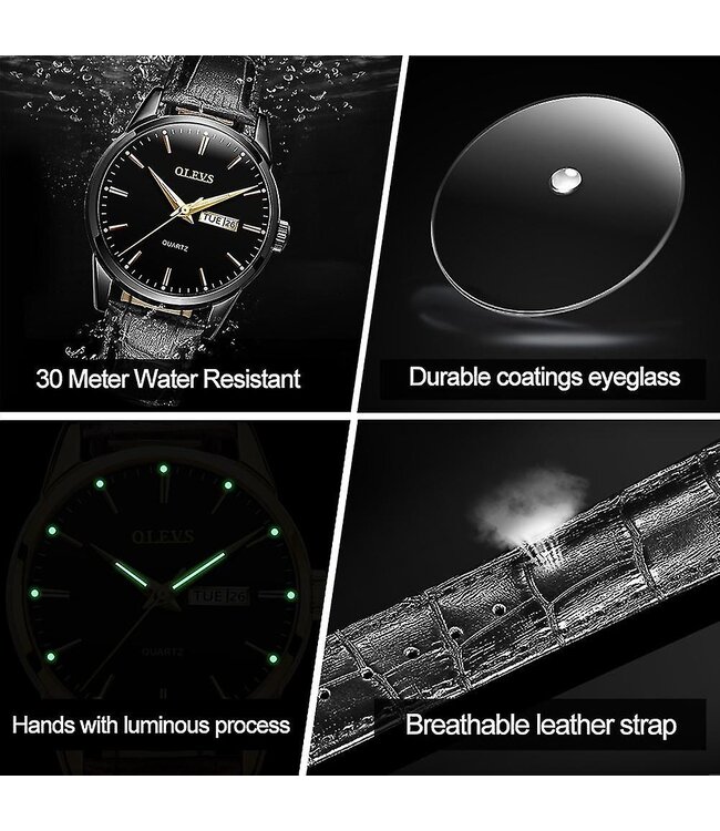 Olevs Luxe Herenhorloge Zwart  Zwart  - Gratis Armband bij elke bestelling (twv €29,95)