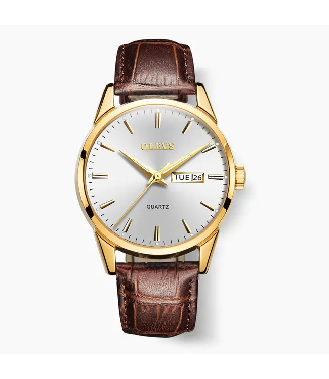 Olevs Luxe Herenhorloge Goud  Wit - Gratis Armband bij elke bestelling (twv €29,95)
