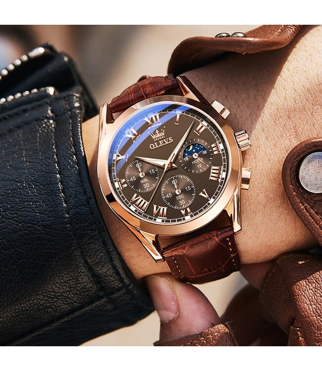 Olevs Luxe Herenhorloge Rosé (Bruin/Zwart/Wit)