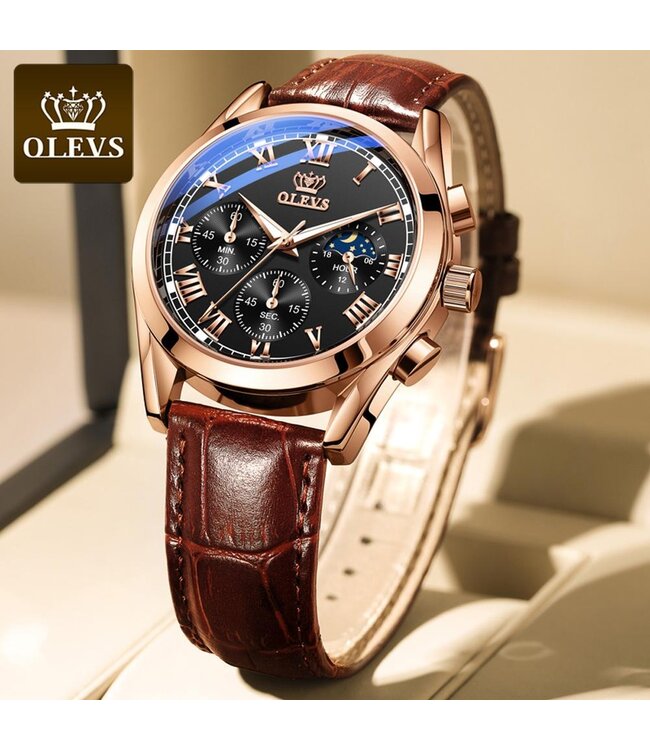Olevs Luxe Herenhorloge Rosé (Bruin/Zwart/Wit)