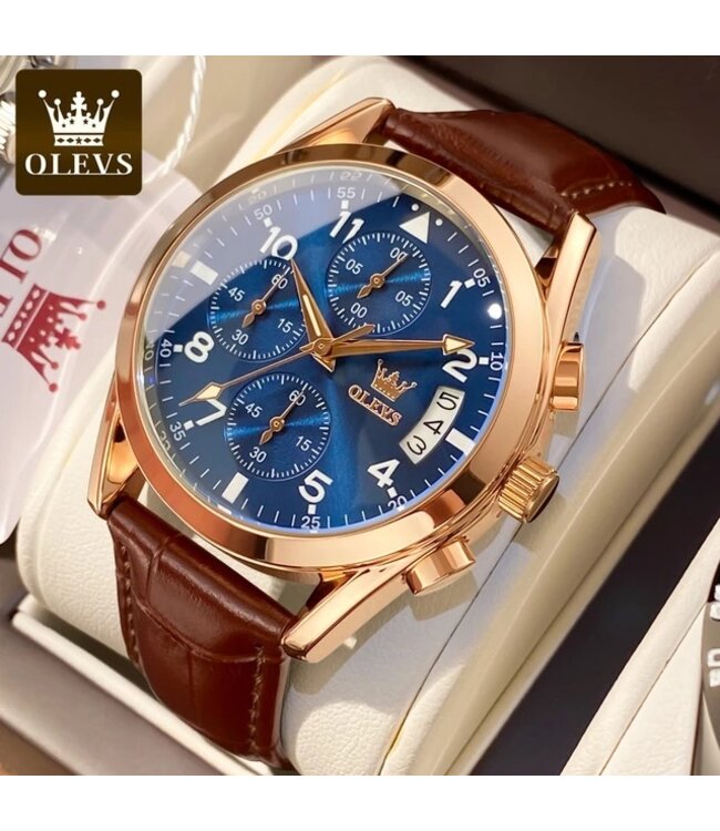 Olevs Luxe Herenhorloge Rose Blauw - Gratis Armband bij elke bestelling (twv €29,95)
