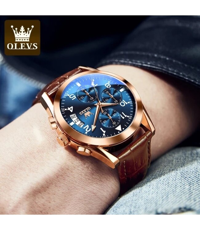 Olevs Luxe Herenhorloge Rose Blauw - Gratis Armband bij elke bestelling (twv €29,95)