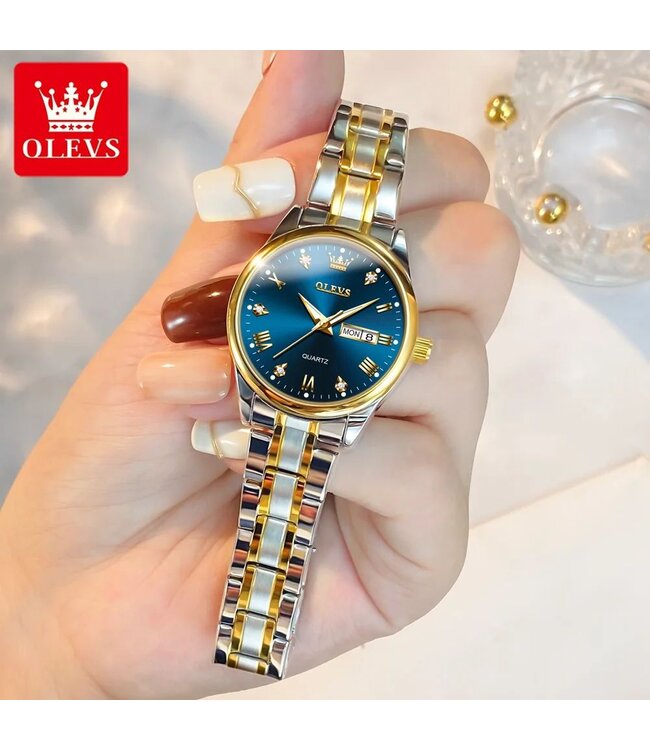 Olevs Luxe Dameshorloge Zilver Goud (Blauw/Zwart/Wit)