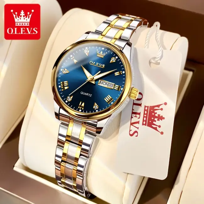 Olevs Luxe Dameshorloge Zilver Goud (Blauw/Zwart/Wit)