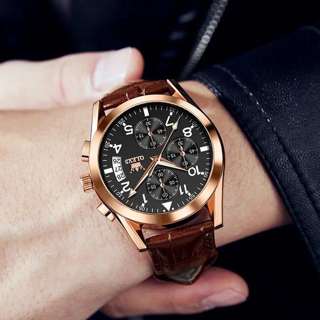 Olevs Bravon – herenhorloge met leren band en minimalistisch design