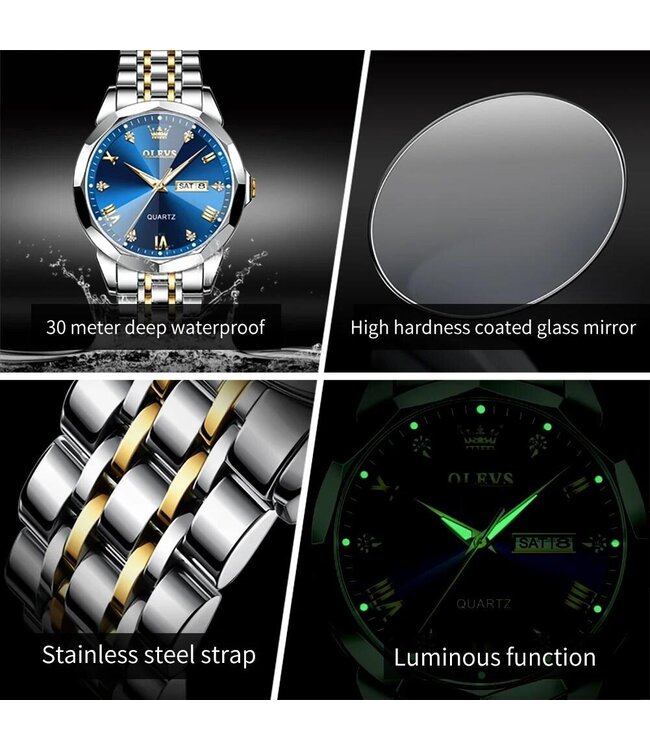 Olevs Luxe Horlogeset Zilver Goud Blauw