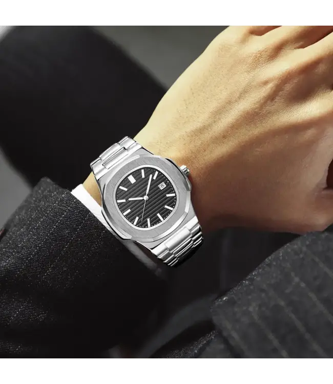 Poedagar Luxe Herenhorloge Zilver Zwart - Gratis Armband bij elke bestelling (twv €29,95)