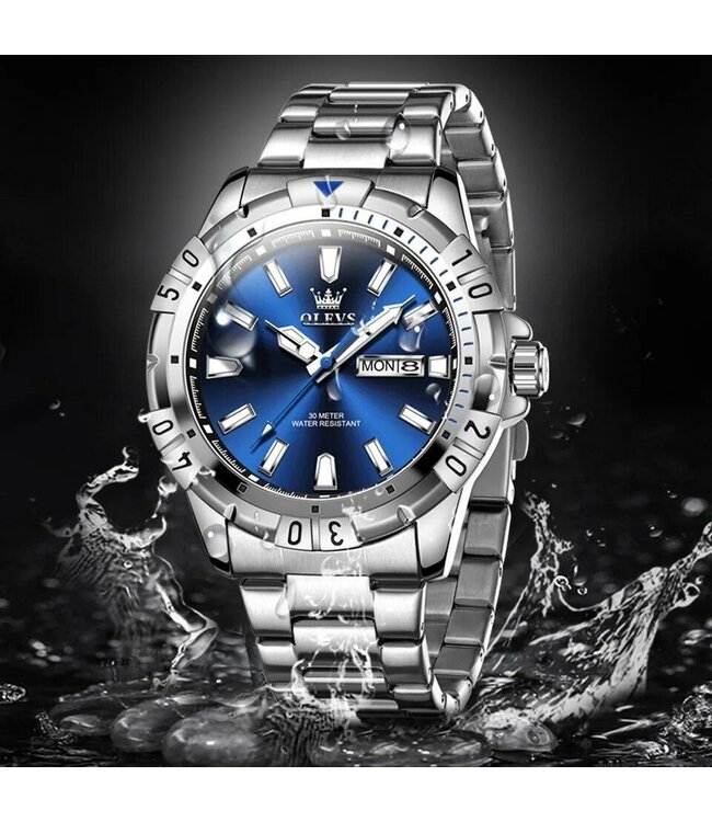 Olevs Luxe Herenhorloge Zilver Blauw - Gratis Armband bij elke bestelling (twv €29,95)