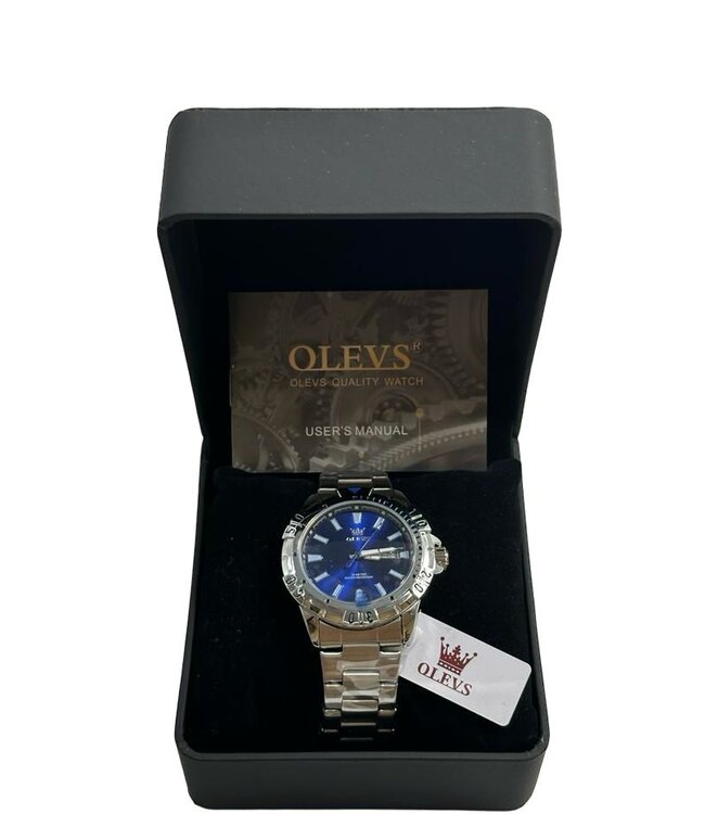 Olevs Luxe Herenhorloge Zilver Blauw - Gratis Armband bij elke bestelling (twv €29,95)