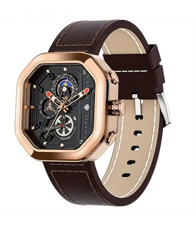 Lige Luxe Herenhorloge         Rosé  Zwart  - Gratis Armband bij elke bestelling (twv €29,95)