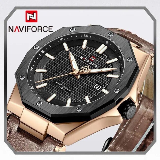 Naviforce Bastion – herenhorloge met roségouden kast, zwarte wijzerplaat en bruine leren band