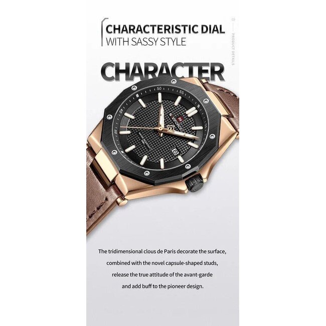 Naviforce Bastion – herenhorloge met roségouden kast, zwarte wijzerplaat en bruine leren band