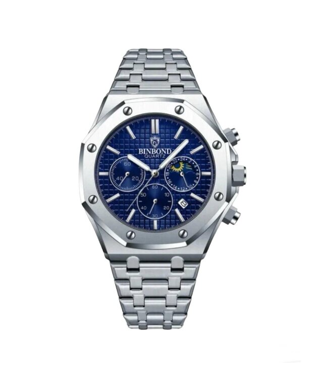 Binbond Luxe herenhorloge  Blauw  Zilver - Gratis Armband bij elke bestelling (twv €29,95)