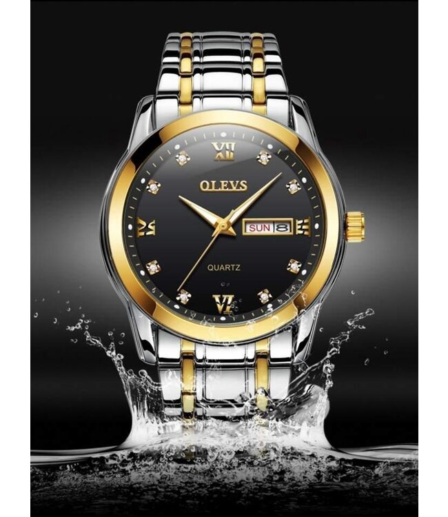 Olevs Luxe Dameshorloge Goud   Zwart - Gratis Armband bij elke bestelling (twv €29,95)