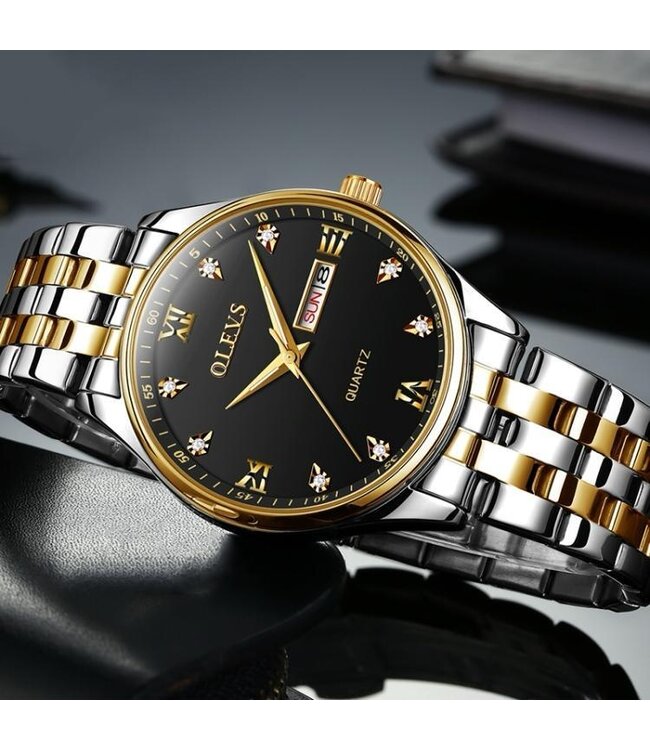 Olevs Luxe Dameshorloge Goud   Zwart - Gratis Armband bij elke bestelling (twv €29,95)