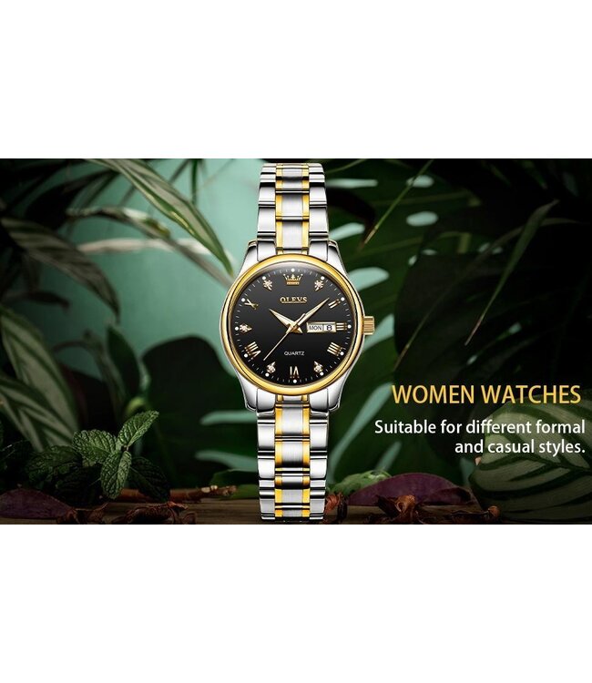 Olevs Luxe Dameshorloge Goud   Zwart - Gratis Armband bij elke bestelling (twv €29,95)