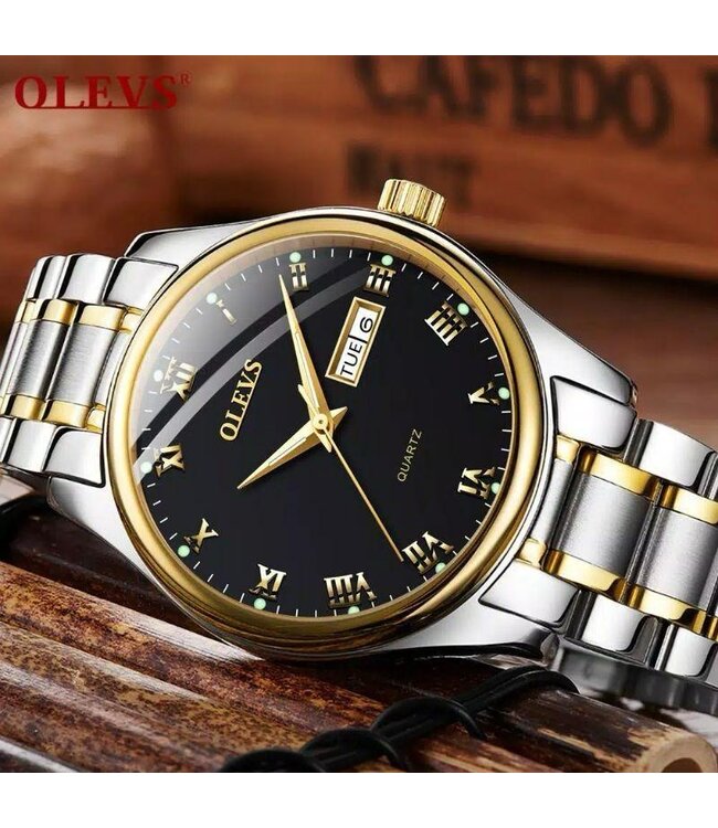 Olevs Luxe Dameshorloge Goud   Zwart - Gratis Armband bij elke bestelling (twv €29,95)