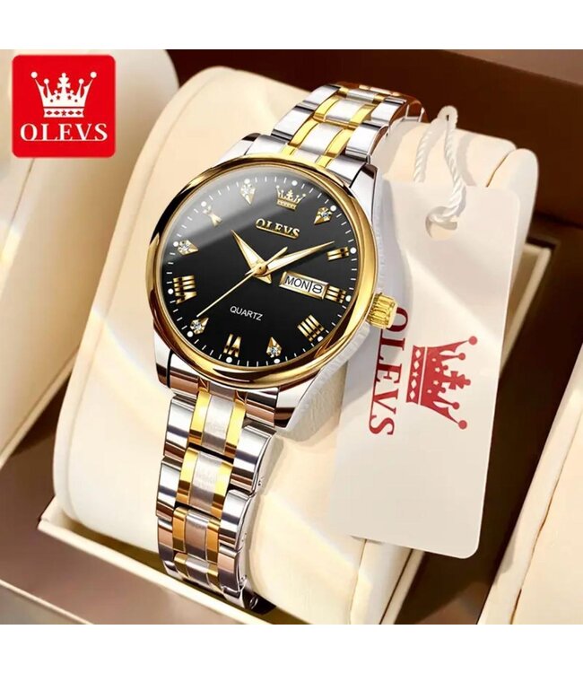 Olevs Luxe Dameshorloge Goud   Zwart - Gratis Armband bij elke bestelling (twv €29,95)