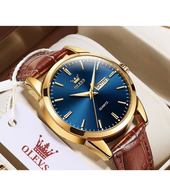 Olevs Luxe Herenhorloge Goud Blauw