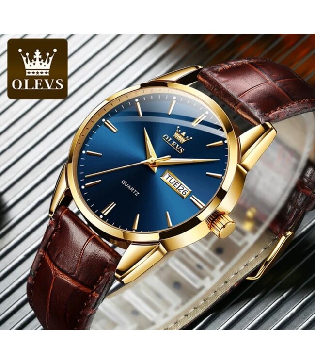 Olevs Luxe Herenhorloge Goud Blauw