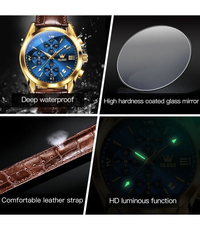Olevs Luxe Herenhorloge Goud  Blauw