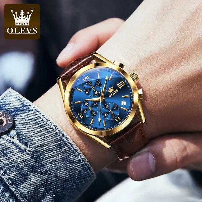 Olevs Imperium Chrono  – herenhorloge met leren band en chronograaf design