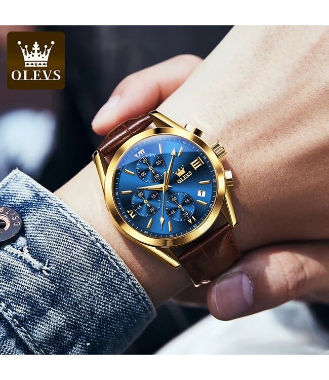 Olevs Luxe Herenhorloge Goud (Blauw/Zwart/Wit)