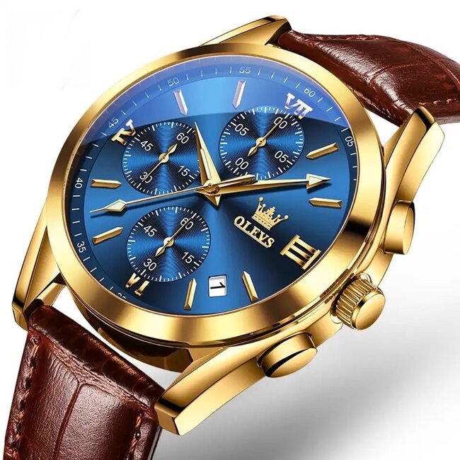 Olevs Luxe Herenhorloge Goud (Blauw/Zwart/Wit)