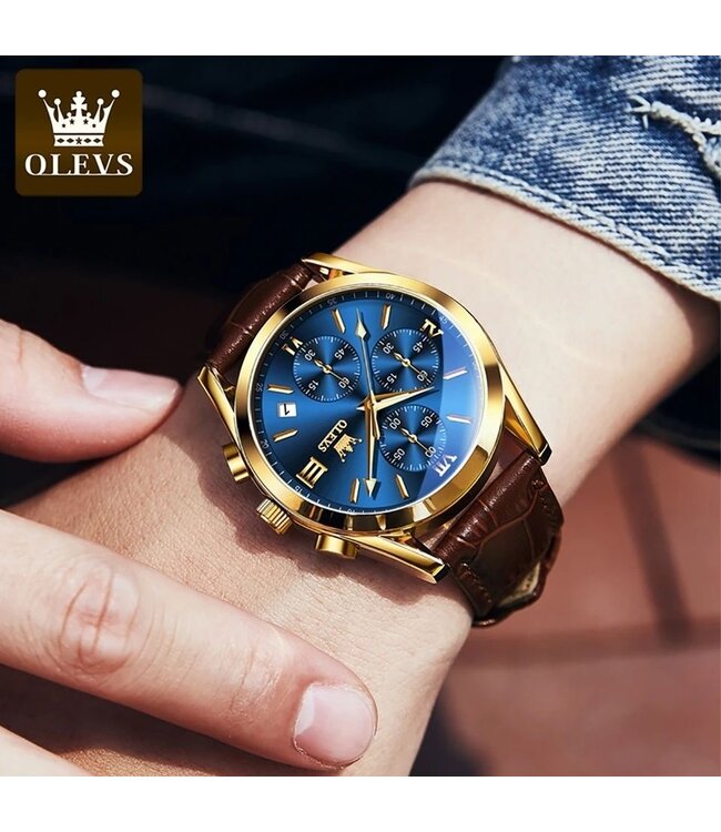 Olevs Luxe Herenhorloge Goud  Blauw