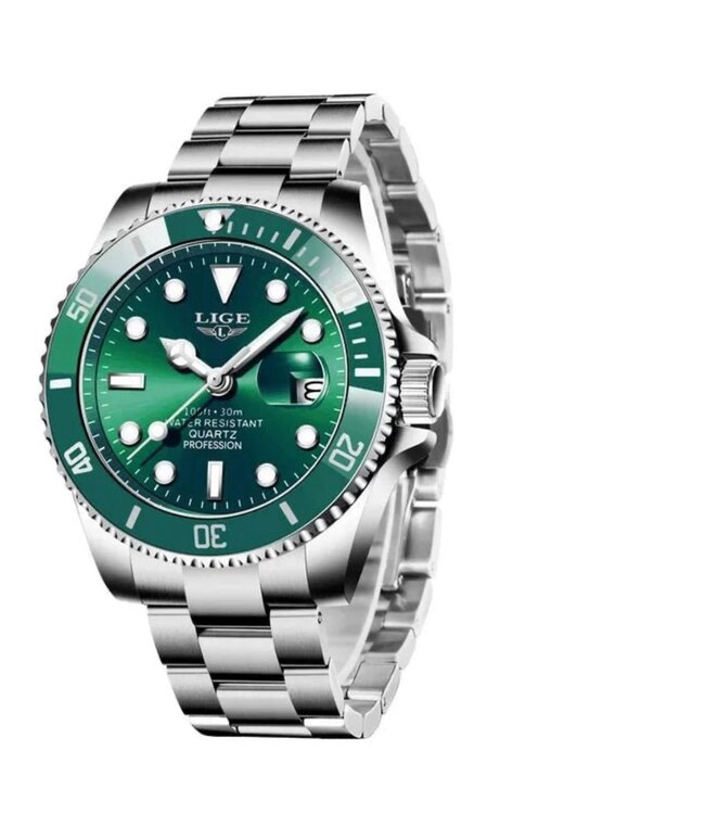 Lige Luxe Herenhorloge       Zilver  Groen - Gratis Armband bij elke bestelling (twv €29,95)