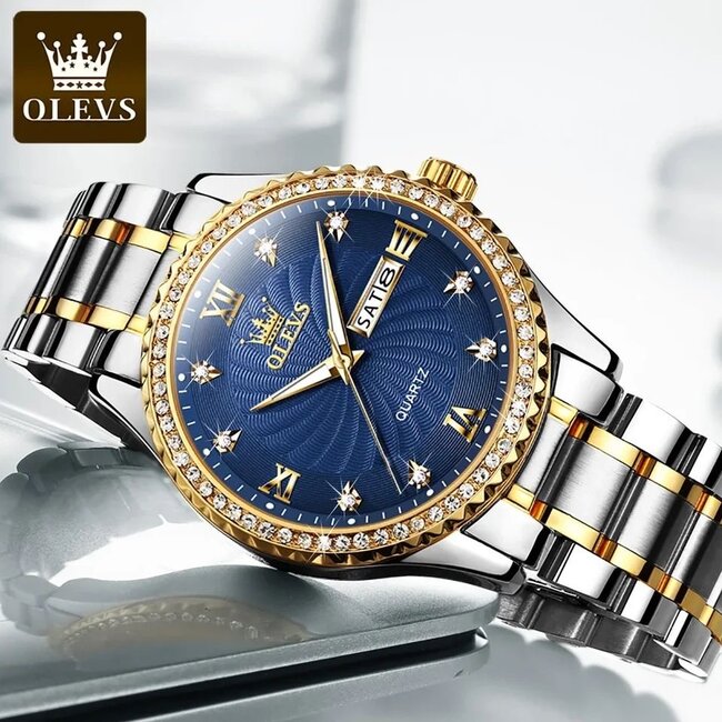 Olevs Luxe Herenhorloge Goud Diamonds (Blauw/Groen)
