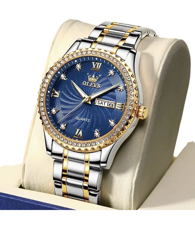 Olevs Luxe Herenhorloge Goud Diamonds (Blauw/Groen)