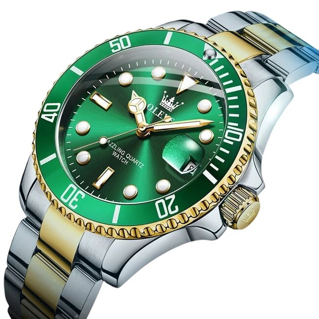 Olevs Luxe Herenhorloge Zilver Goud (Groen/Zwart)
