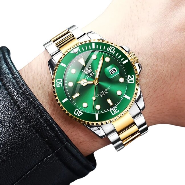 Olevs Luxe Herenhorloge Zilver Goud (Groen/Zwart)