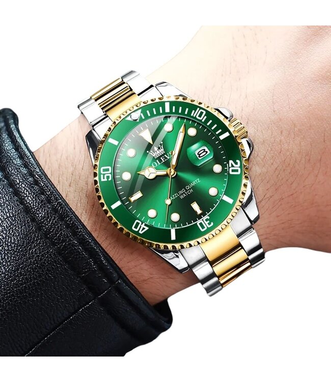 Olevs Luxe Herenhorloge Zilver Goud (Groen/Zwart)