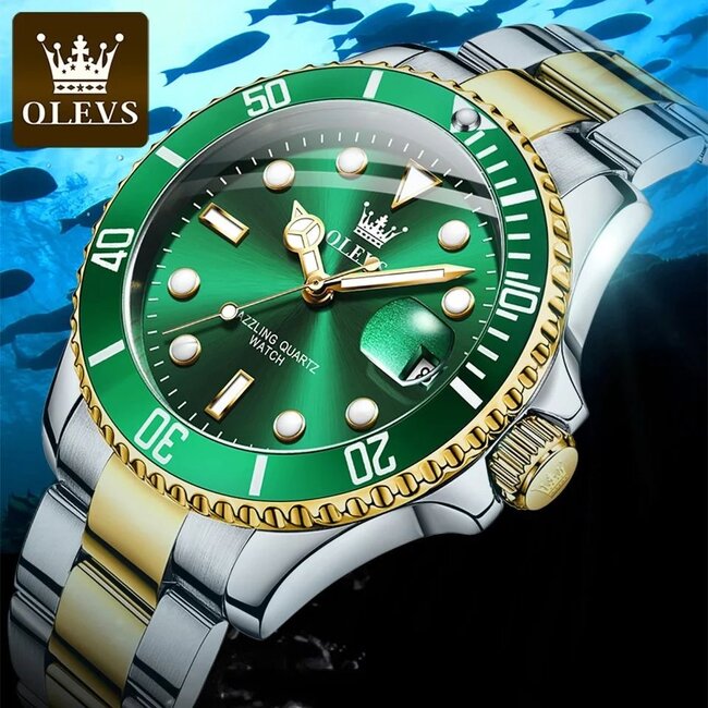 Olevs Luxe Herenhorloge Zilver Goud (Groen/Zwart)