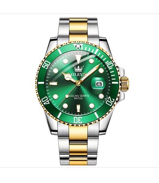 Olevs Luxe Herenhorloge Zilver Goud (Groen/Zwart)